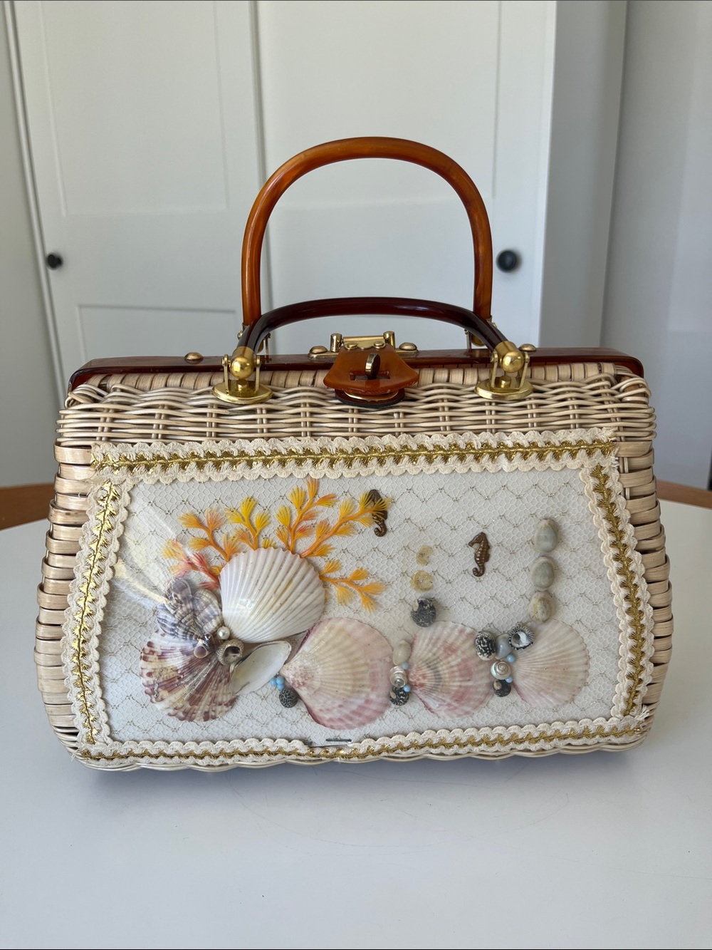 VTG Woven Cream Shell-Embellished Top-Handle Satchel